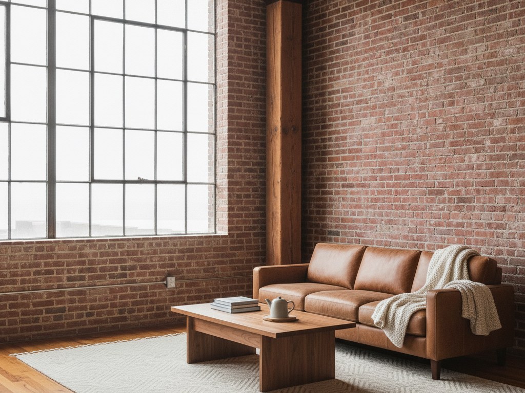 Loft living corner with an exposed brick wall, steel factory window and leather seating