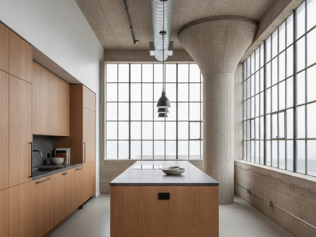 Open loft kitchen under a heavy-timber ceiling with exposed ductwork and pendant lights